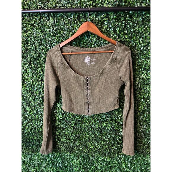 Pilcro Anthropologie Washed Green Cropped Cardigan Sz Small - Picture 1 of 3